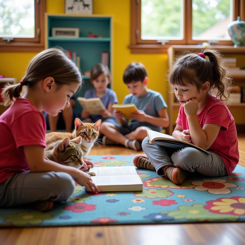 Young Children Reading to Shelter Cats at Summer Camp