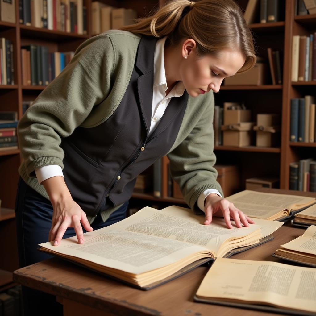 A researcher examining historical documents within the archives of the Bethel Historical Society.