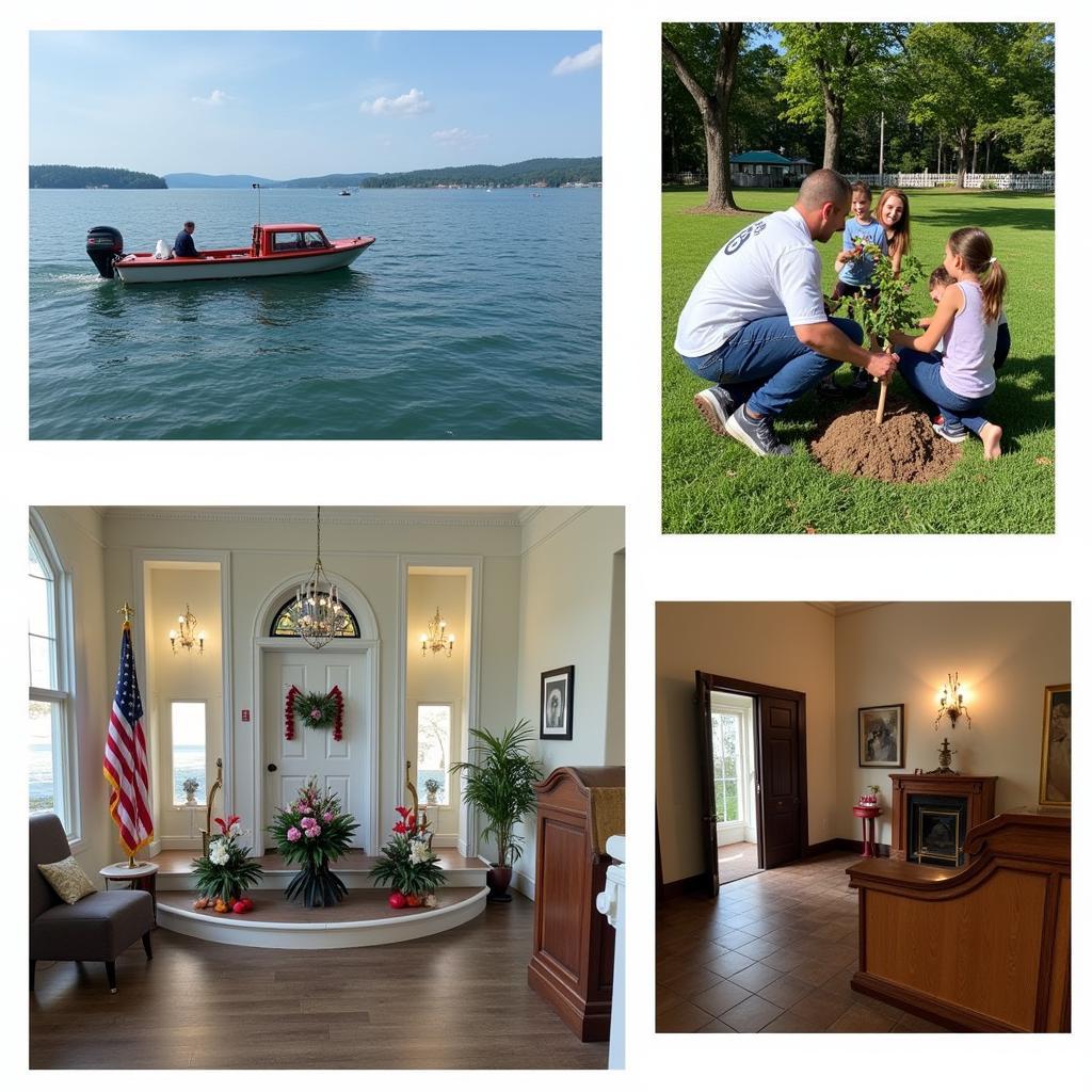 A collage showcasing different cremation memorial service options, including a scattering ceremony at sea, a tree planting, and a traditional memorial service in a chapel.