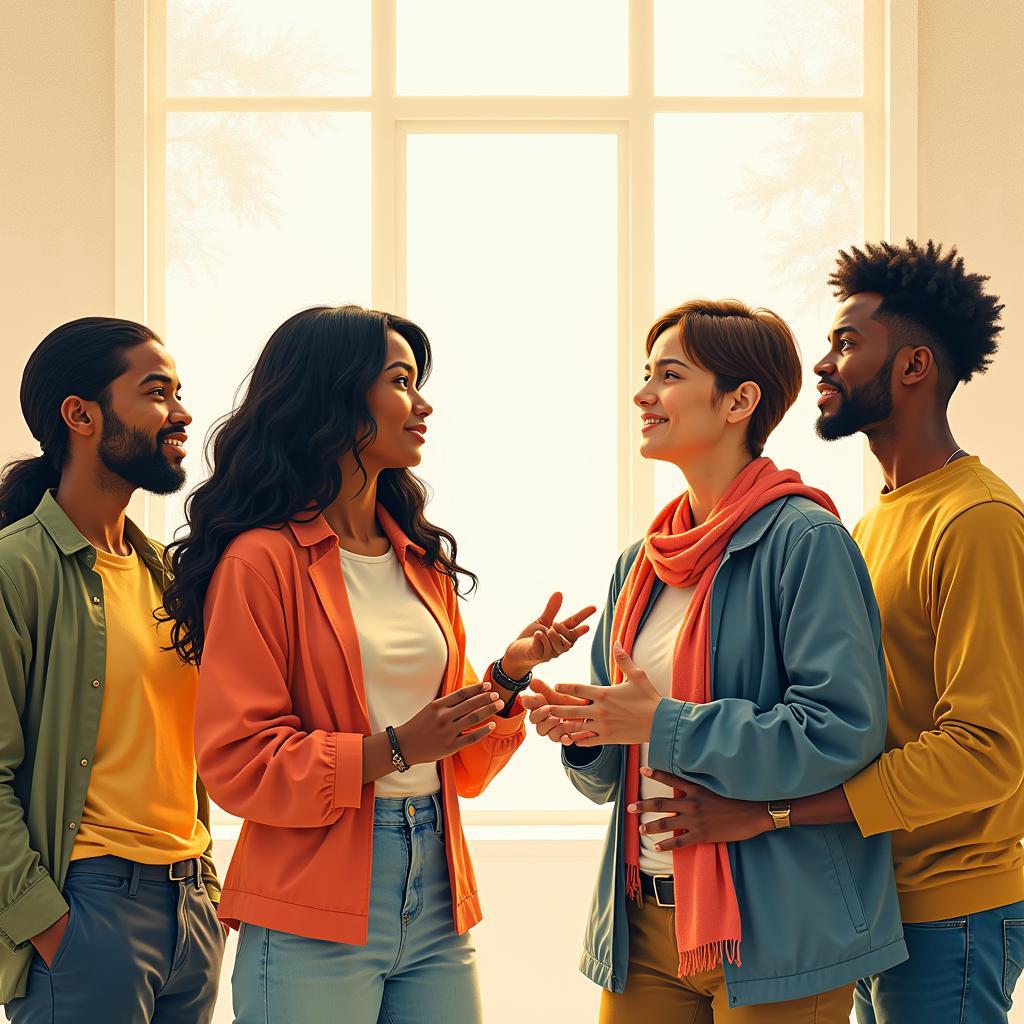 A diverse group of people engaging in a peaceful dialogue, symbolizing the importance of cross-cultural communication and understanding in building a peaceful world.