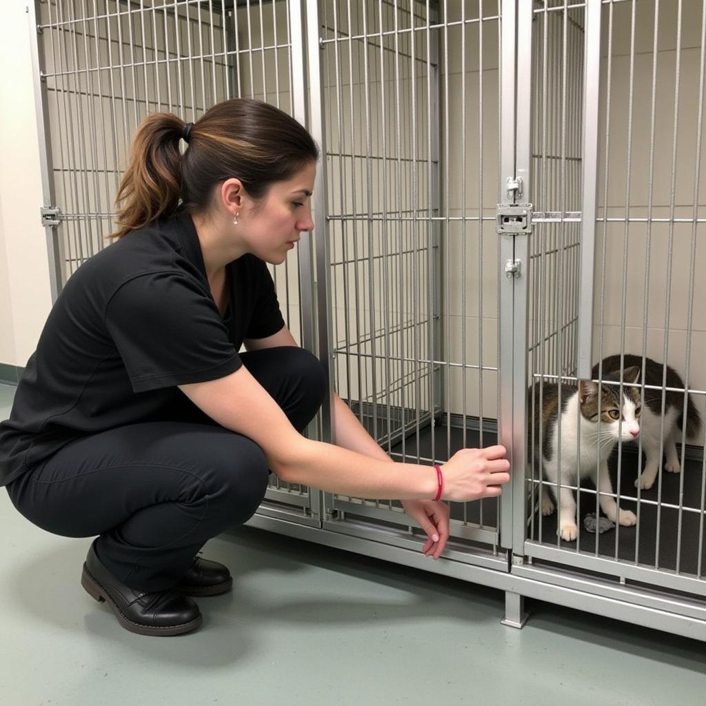 A potential adopter interacts with a cat at the Doddridge County Humane Society.