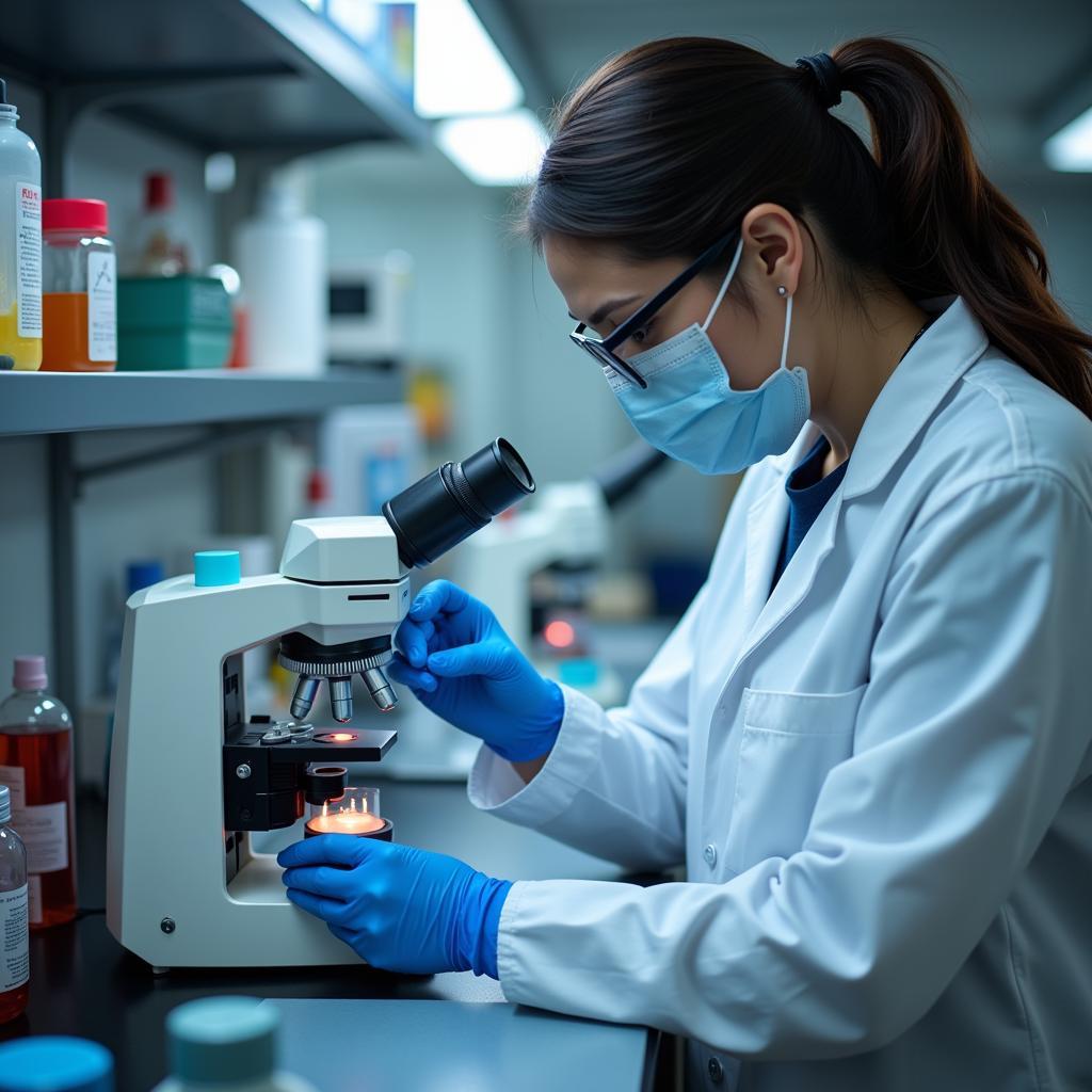 Forensic scientist meticulously analyzing samples in a laboratory setting.