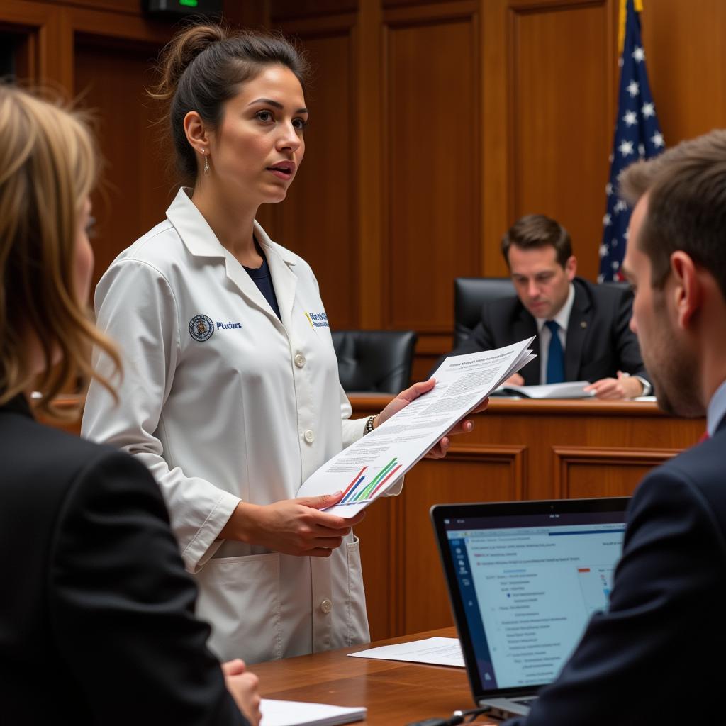 Forensic toxicologist providing expert testimony in a courtroom setting.