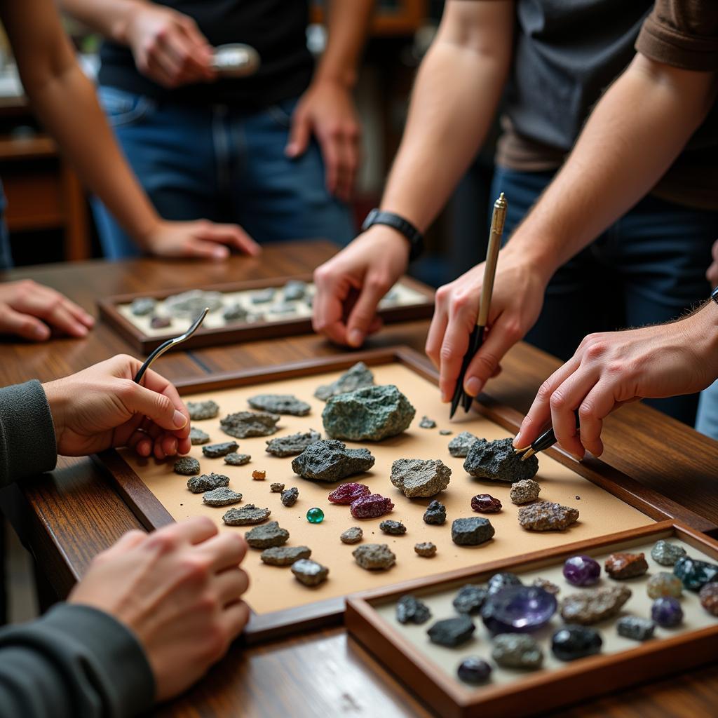 Members of a garnet and mineral society gather to discuss and admire various garnet specimens.