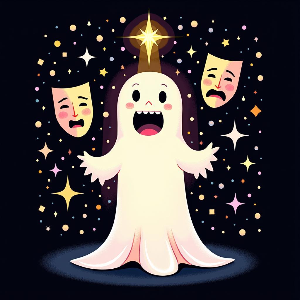 A colorful illustration of a ghost light with theatrical masks around it