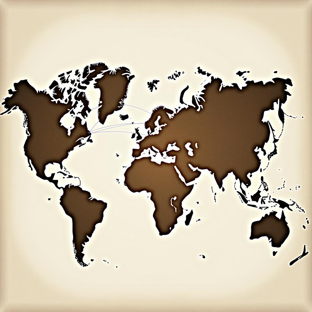 A world map overlaid with interconnected lines and nodes representing historical trade routes and cultural exchanges, illustrating the concept of a globalized world.