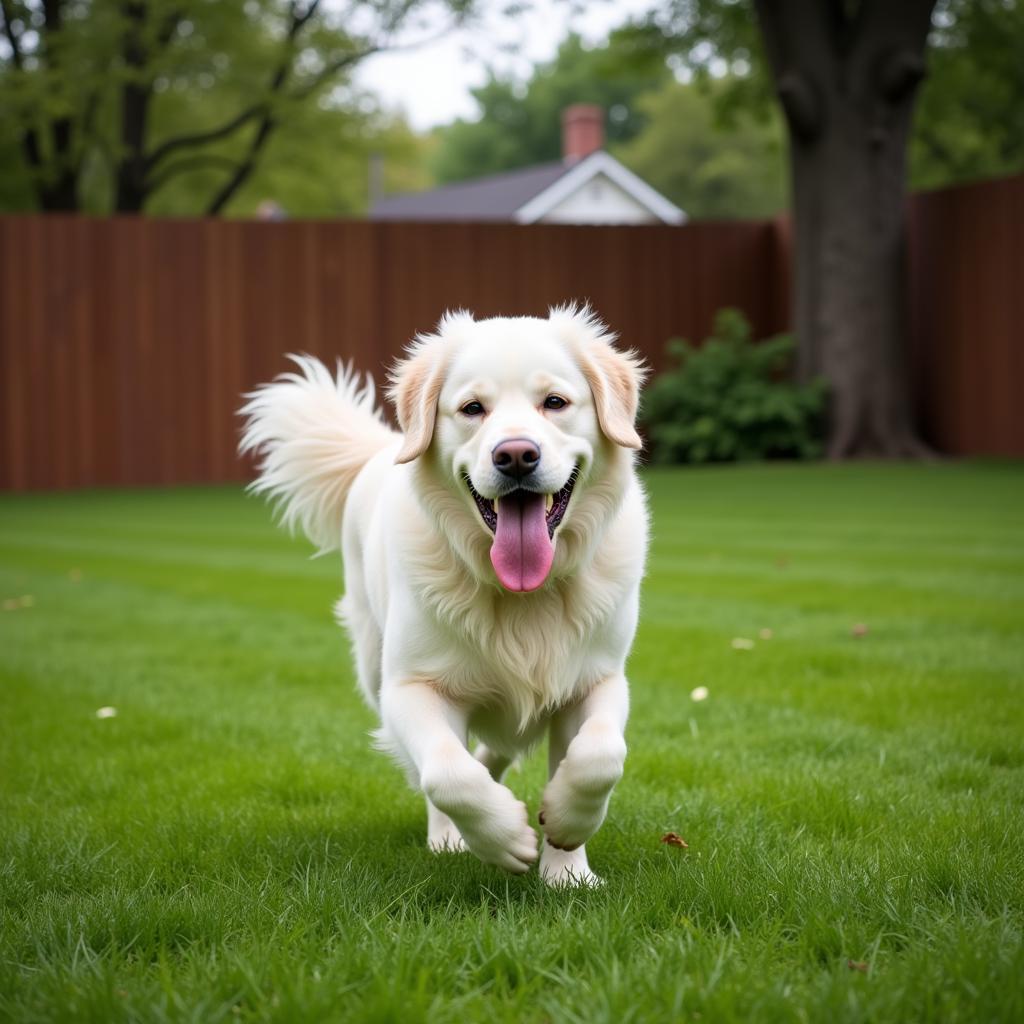 A Great Pyrenees enjoying playtime in a securely fenced yard.