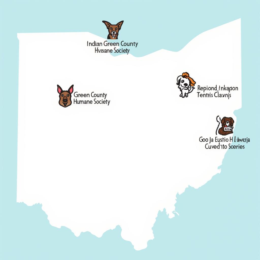 Map showing locations of Greene County Humane Societies in Ohio, Indiana, and Tennessee