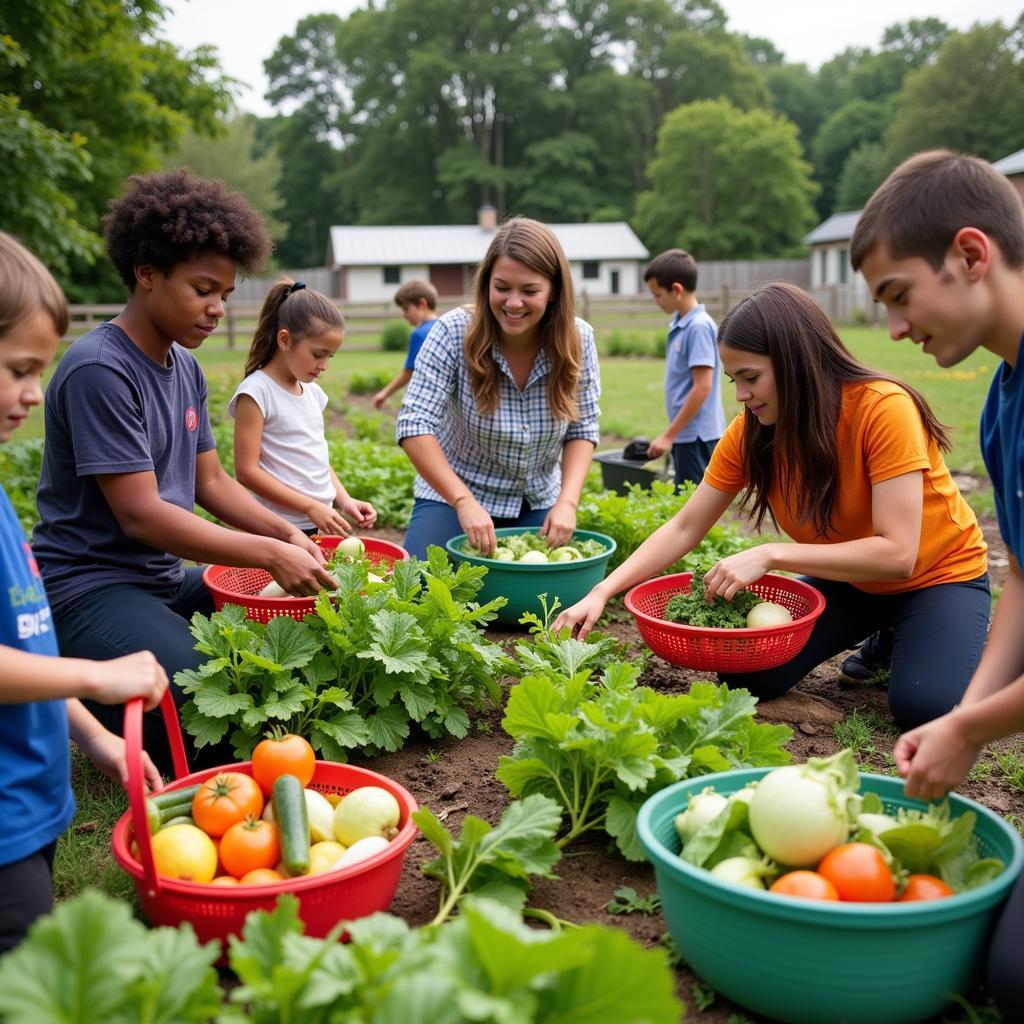 Members of the Grosse Pointe Garden Society harvesting fresh vegetables from their community garden, demonstrating the positive impact of the program.