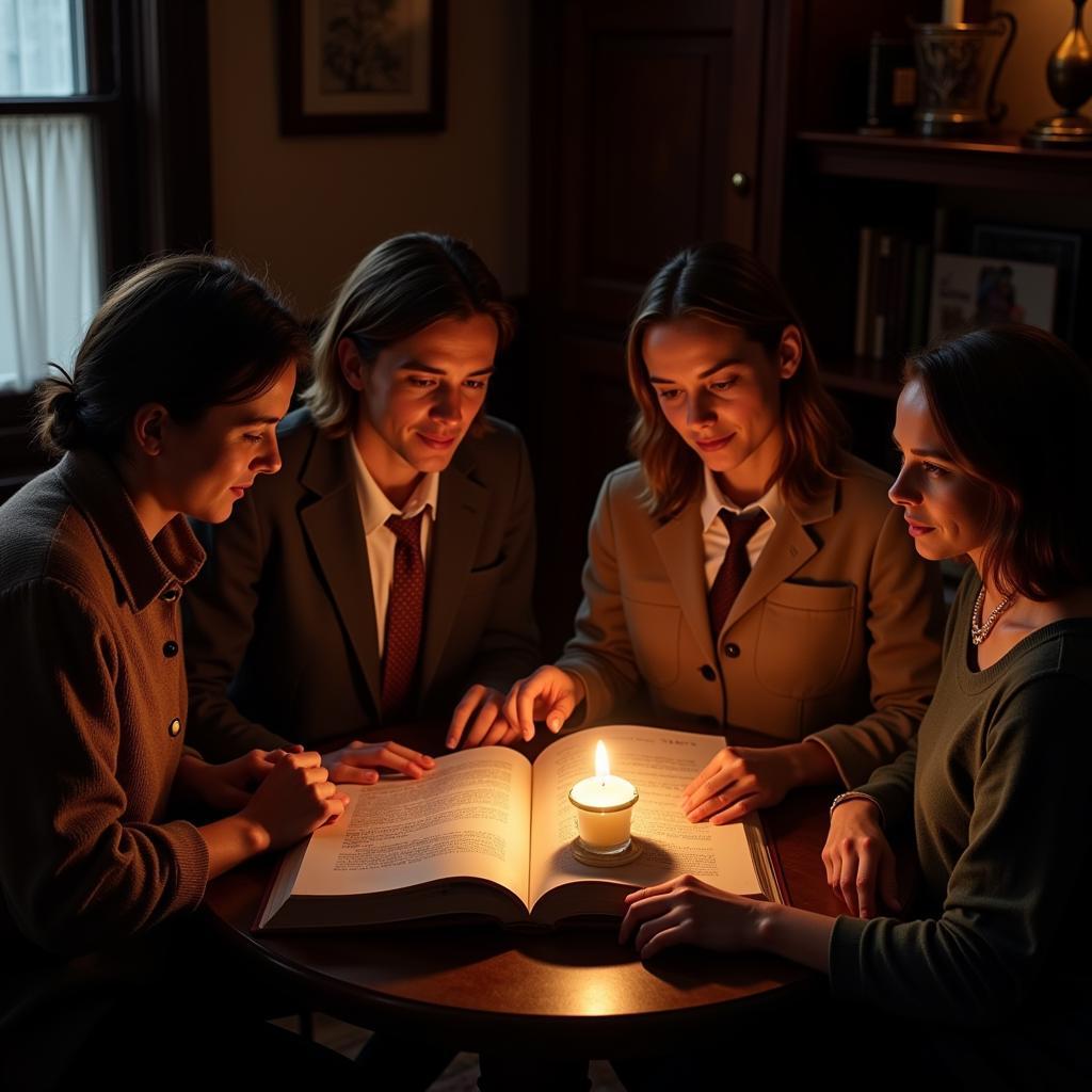 Members of the Guernsey Literary and Potato Peel Pie Society gathered for a meeting, discussing a book.