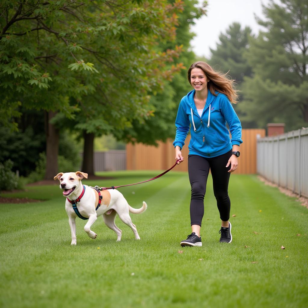 Volunteer walking a dog at the Humane Society in Alpena, Michigan