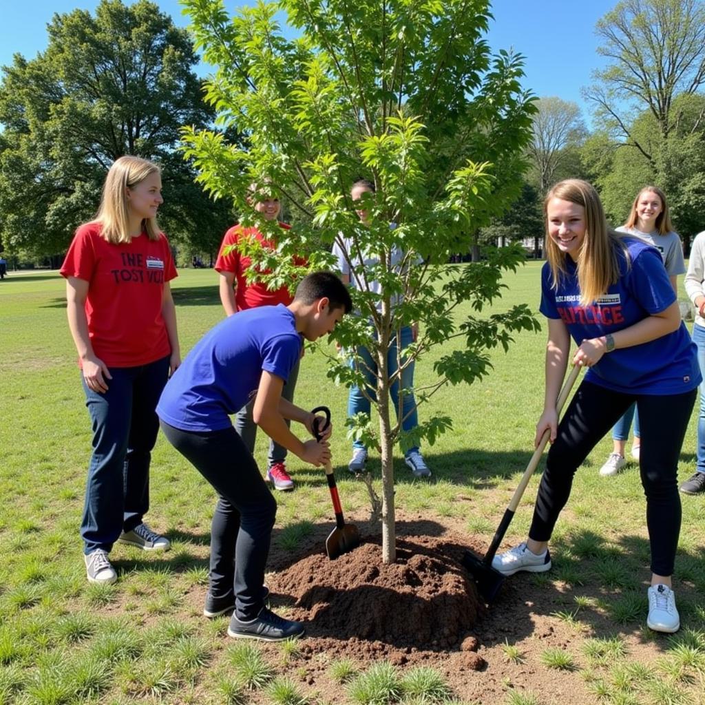 Students planting trees in a park