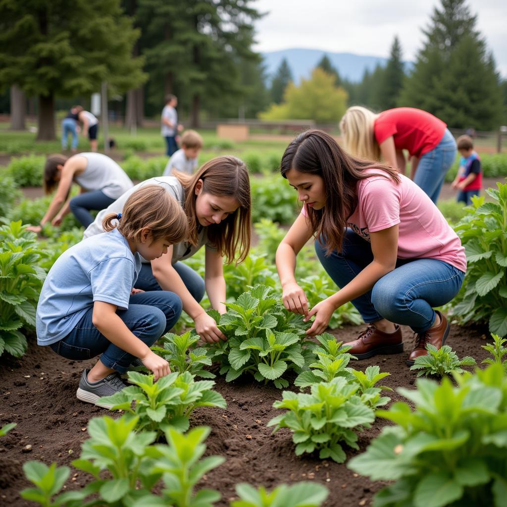 Volunteers working together at a community garden in Oregon