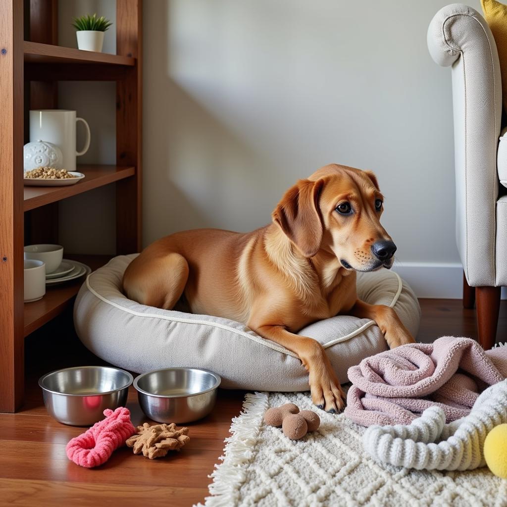 Preparing a comfortable space for a newly adopted pet, including food, water bowls, toys, and a cozy bed.