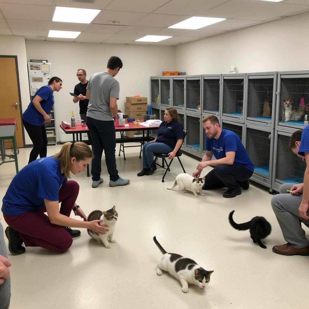 Volunteers at the Roswell Humane Society caring for cats.