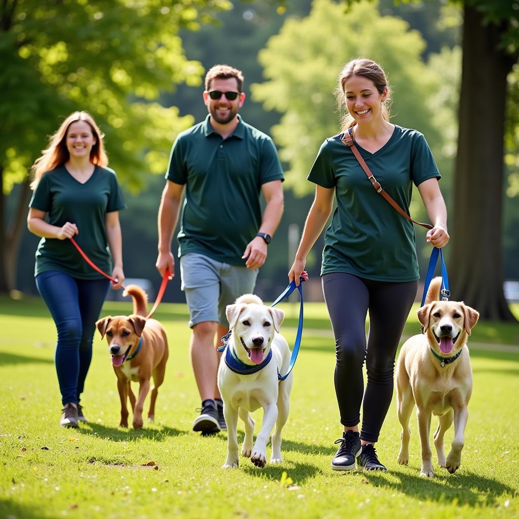 Volunteers at Second Chance Humane Society walking dogs.