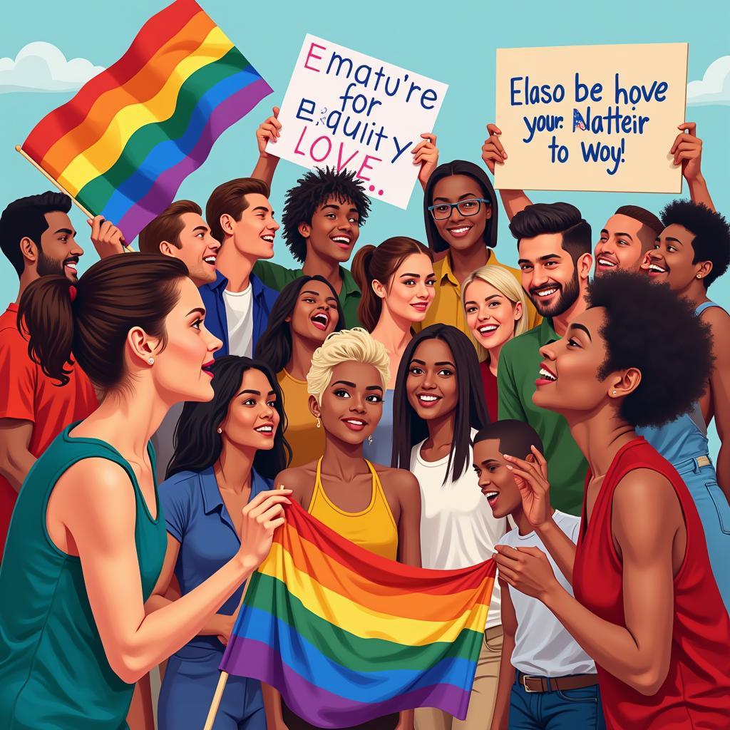 Sexuality and Identity: A vibrant illustration celebrating the diversity of sexual orientations and gender identities, with individuals holding flags and signs representing different communities.