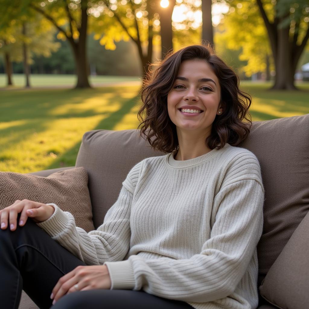 A person wearing a cozy society sweater, relaxed and content.