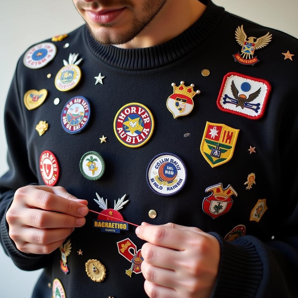 A person customizing their society sweater with unique patches and pins.