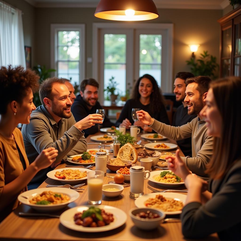 A group of people from diverse backgrounds enjoying a meal together, symbolizing the unifying power of a sweet society menu.