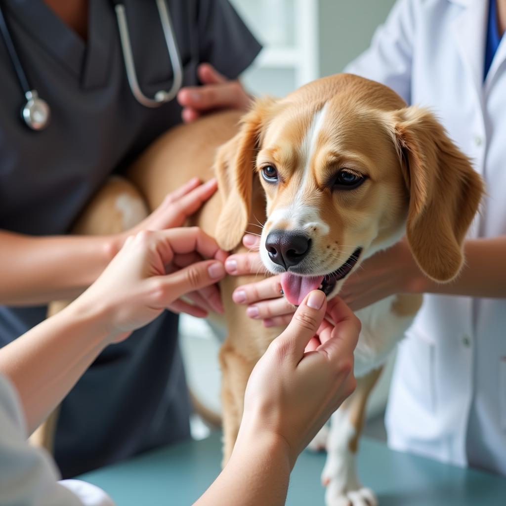 Veterinarian carefully examining a dog's leg for orthopedic issues