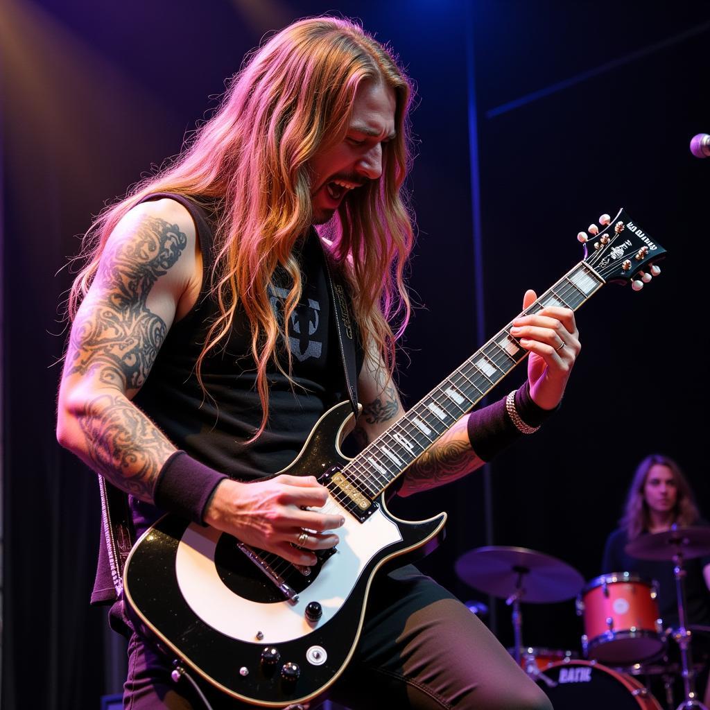 Zakk Wylde playing his signature bullseye guitar during a Black Label Society performance, showcasing his iconic guitar playing style.